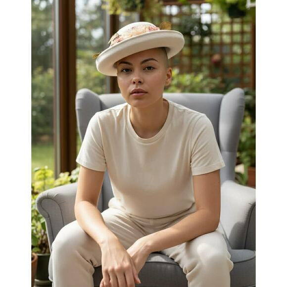 Vintage Ivory Wool Felt Hat Made USA Floral Trim Bowler Cloche Style Flowers!!! - Picture 3 of 9